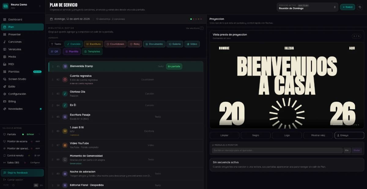 Así se ve un plan de servicio completo en Reuna — canciones, escrituras y anuncios organizados en un solo lugar.