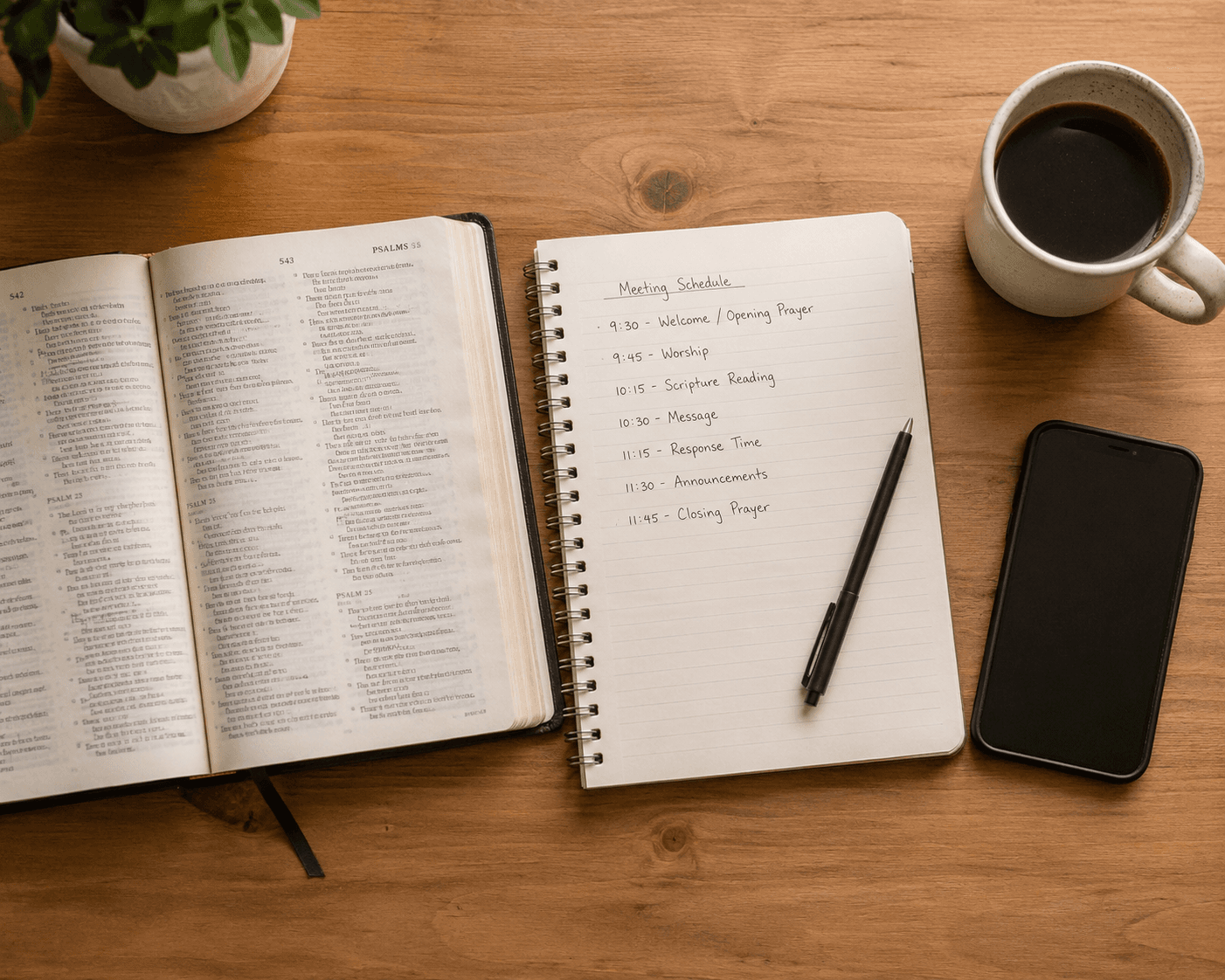 Cuaderno con el plan de servicio de la iglesia sobre un escritorio con Biblia y celular