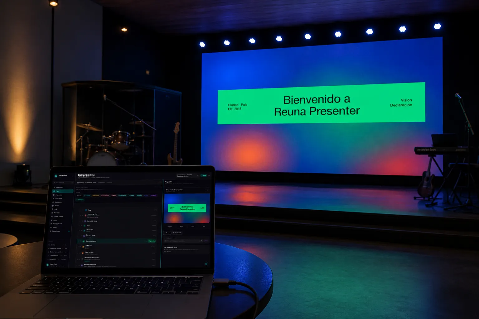 Illustration of a laptop connected via cable to a projector inside a church