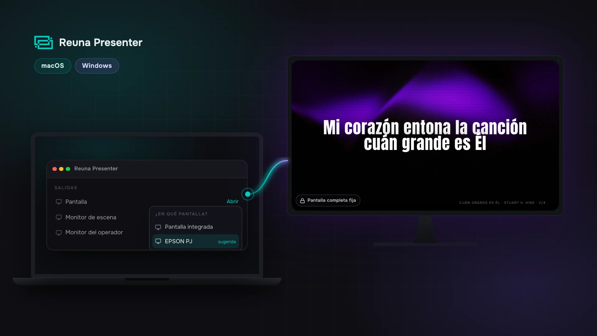 Illustration of Reuna Presenter choosing the projector on a laptop, with a hymn showing on the TV