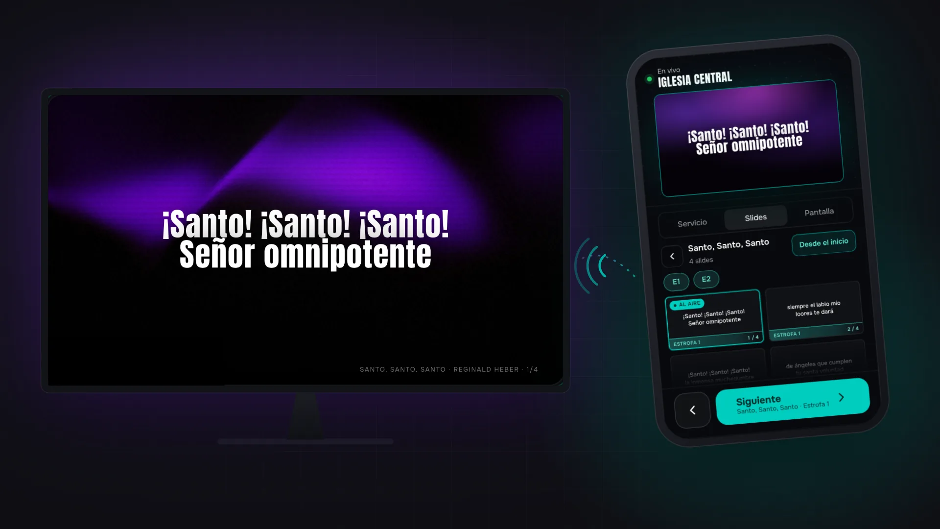 Illustration of a screen showing the hymn “¡Santo! ¡Santo! ¡Santo!” and the remote control on a phone